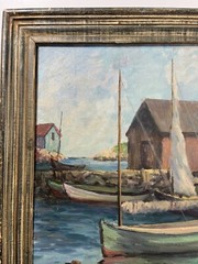 ETHEL BATHURST ROCKPORT HARBOR SEASCAPE IMPRESSIONIST ANTIQUE OIL PAINTING