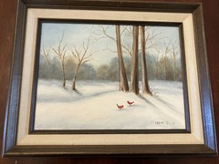 Cardinals in Winter Landscape Original Oil Painting on Canvas Signed Leone C.