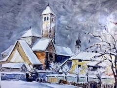 Italian Enamel Painting on Metal Signed Winter Landscape Village Scene Italy