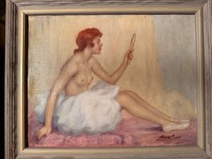 Sitting Ballerina Oil Painting Mid-Century 14×10.5