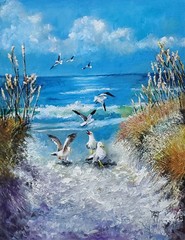 YARY DLUHOS Beach Sand Seascape Ocean Waves Sea Gulls Original Art Oil Painting