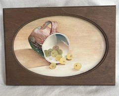 Still Life Painting On Wood, Cup Of Berries, Oval 9.5”x7”, Signed J. Werbrenner