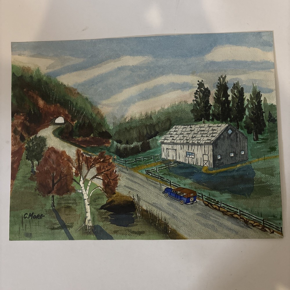 VTG 1960s Original Watercolor Landscape Rustic Barn Vintage Car Signed C More