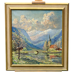 Finn Wennerwald Alpine Landscape With Church Lake Oil on Canvas, Signed, Framed