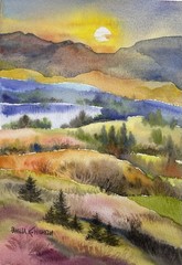 Pamela Wilhelm original 5”x7” Whimsical Landscape Watercolor Birds Eye View