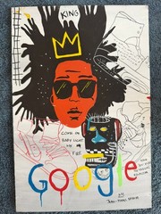 BASQUIAT drawing and painting on old wood signed stamped vintage