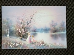 Pink Lake Hand Painted Original Oil Painting by Walter Women Nature Winter Trees
