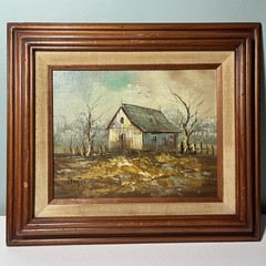 Vintage Oil Painting Moody Rustic Barn House Cabin Landscape Signed Melton