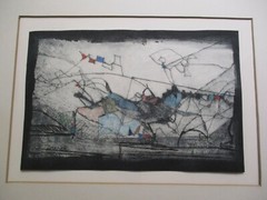 VINTAGE COLORED DRAWING ON LITHOGRAPH MIXED MEDIUM ABSTRACT EXPRESSIONISM