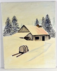 14″ Oil Painting Canvas Panel Lea Mikel Old Barn House Winter Americana #74