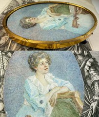 Antique c.1910 English Portrait Miniature, Woman, Guitar, 3/4 Pose, 24k Gold Plt