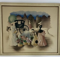 Vtg. Street Scene Flower Cart Newman Decor Watercolor Original Peters 1940’s /j