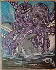 original acrylic painting 8in ×9.5 in „Battle of the Century Monsters clash“