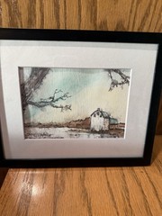 Original Watercolor Painting Of Landscape Barn And Trees Frame 10”x8”