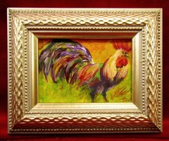 Original Miniature ACEO Hand Oil Painting On Cardoard Rooster-Silver Frame