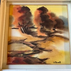 Watercolor PAINTING fall trees landscape hand painted original vintage by Powell