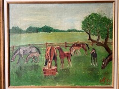 Mid-Century Modern (MCM) Original Farm Scene Horse and Pony – Oil on Canvas