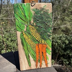 Original Bohemian Wood Panel Painting Art Signed Corn Carrots From 1969 MCM VTG