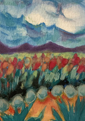 „Poppy Field“ Original watercolor trading card signed by artist