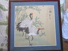 Vintage Watercolor on Silk — 2 Cranes Framed