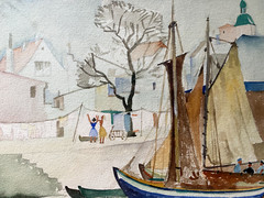 Watercolor Sailboat in Harbor with Church Women Hanging Laundry on Everyday