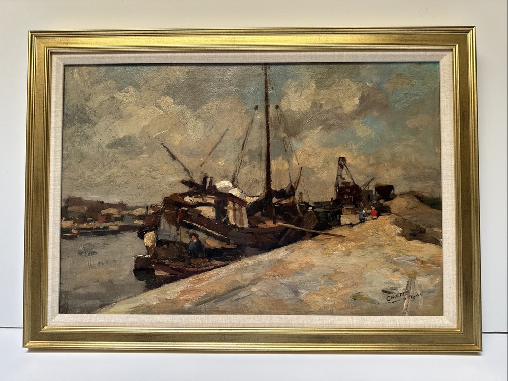 Antique Painting 1910’s Impressionist Coast Beach Industrial Boat Dock Listed