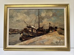 Antique Painting 1910’s Impressionist Coast Beach Industrial Boat Dock Listed