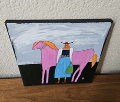 Folk Painting Original Woman Horse Portrait Canvas Outsider Whimsical 10×10 Art