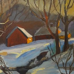 Mid Century Impressionism Winter Landscape Oil Painting House Barn Stream 24×18