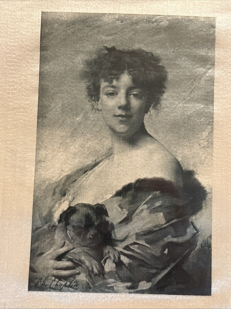 ANTIQUE CHARLES JOSHUA CHAPLIN (1825-1891) PRINT ON SILK YOUNG LADY HOLDING DOG