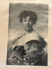 ANTIQUE CHARLES JOSHUA CHAPLIN (1825-1891) PRINT ON SILK YOUNG LADY HOLDING DOG