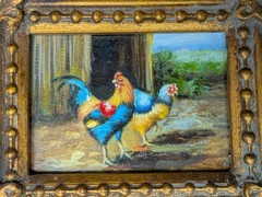 VTG Baroque Ornate Miniature Hand Painted Oil Painting Framed Chickens 7x6x1 3/8