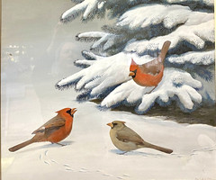 Original Bird Art Painting Cardinals by Robert Verity Clem, Signed, 1956, Framed