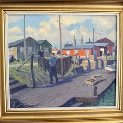 Danish Impressionist Oil Canvas Painting Dock Harbor Scene Boats Signed 1957 MCM