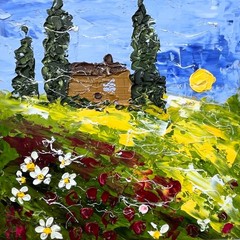 Tuscany Original Oil Impasto Painting Italy Landscape Wall Art 8 x 8 inches