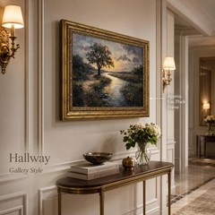 Gold Framed Canvas Wall Art, Serene River Tree Sunset Landscape Painting, Cla…