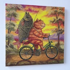 Original Oil Animal Painting Humorous Cat Bicycle Fish Art Whimsical Canvas
