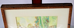 Vintage Watercolor Painting Landscape with Rustic Wooden Frame c. 1930-40