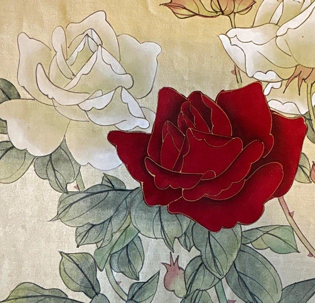 Yuzhou Chinese Watercolor Roses Butterflies Birds Signed 13×21 Unframed