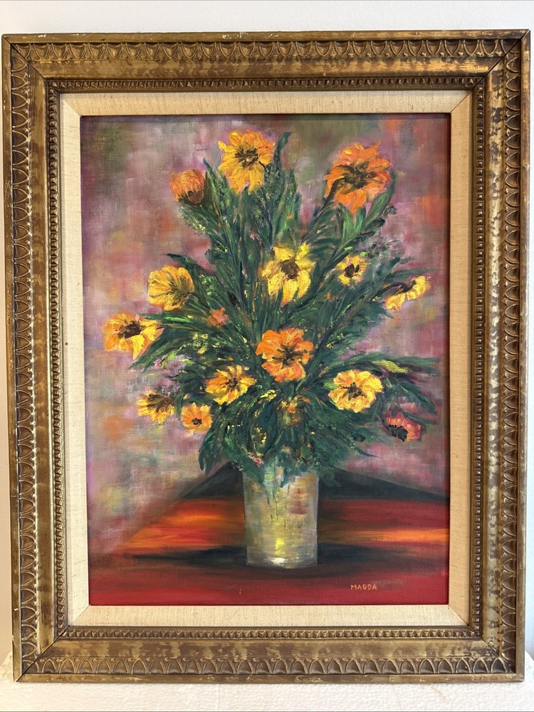 18”x24” Floral Still Life Painting of Marigolds Signed Magda