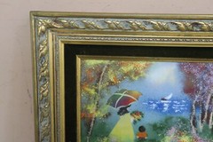 Enamel on Copper Art Painting Mother Daughter by the Lake Signed 8″x10″ Framed