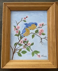 Two Framed Hand Painted Blue Birds And Pink Flowers, Light Brown Frame