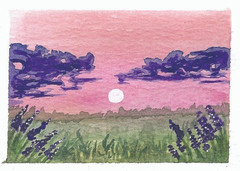 Original ACEO Watercolor 2.5 x 3.5, Signed, title: Lavender Fields
