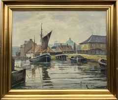 Impressionist Einar Gross 1895-1962 Boats in City Harbour Oil Painting, Framed