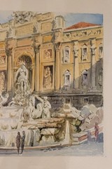 Trevi Fountain in Rome, Italy, signed by an artist named A. Lazzarini. 