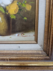1970s R. Pasanault Gold Framed Yellow Floral Oil on Canvas Painting 17″ x15″