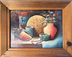 RARE Charles Benoit Southwest Oil Painting Native Pottery Basket Flowers Read*