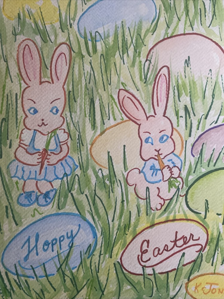 Painting Watercolor Original Art FLIRTING BUNNIES Easter Kristi C Jones Eggs