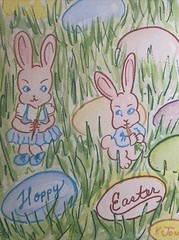 Painting Watercolor Original Art FLIRTING BUNNIES Easter Kristi C Jones Eggs