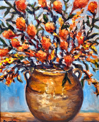 Oil Painting Vase Flowers Olive Branches Jar Still Life Original Frame – Donalee